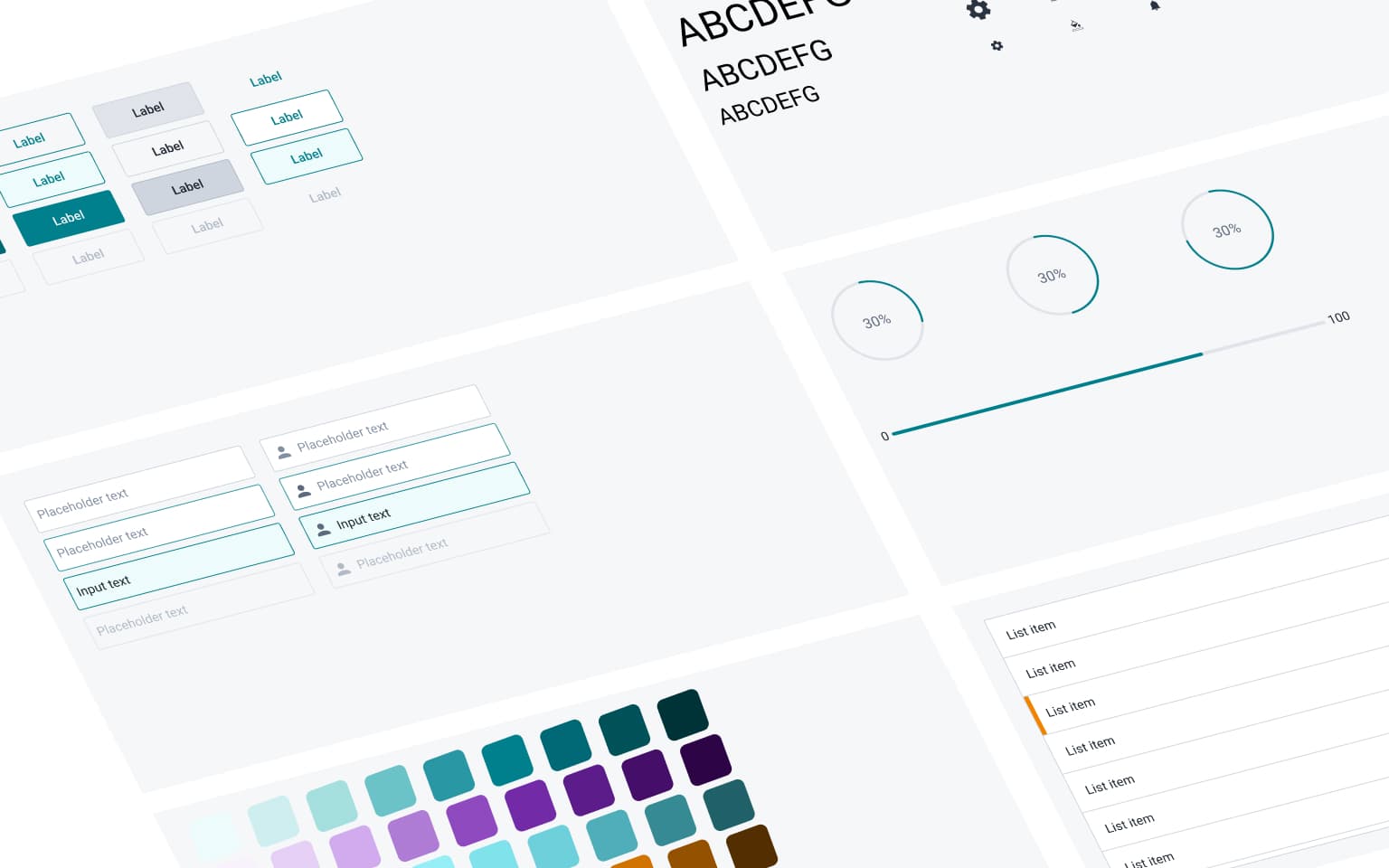 Design system documentation showing a colour palette, typography scale and a grid of foundation icons.