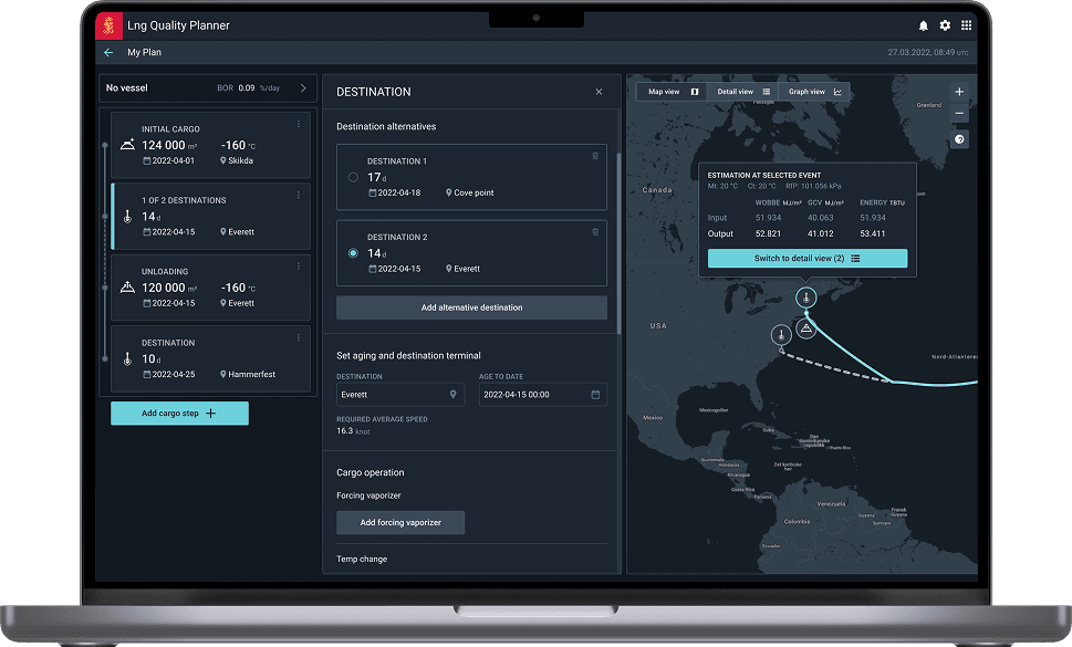 LNG Quality Planner showing a voyage map with cargo and destination panels.